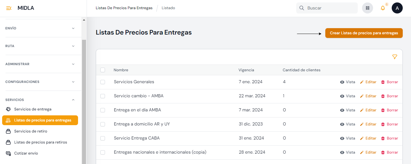 Hacer clic en Crear Lista de precios para entregas Hacer clic en Crear Lista de precios para entregas