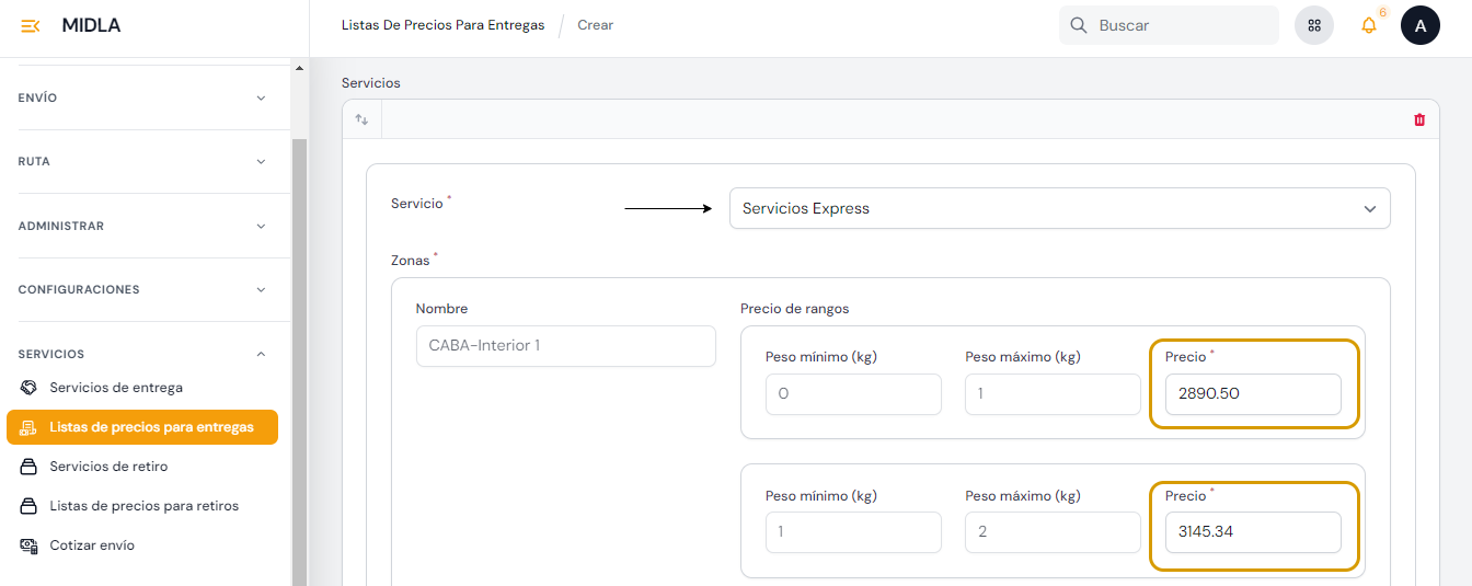 Seleccionar el servicio e ingresar precio Seleccionar el servicio e ingresar precio