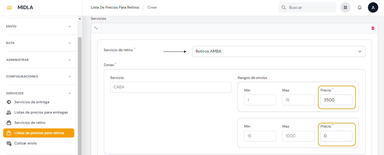 Seleccionar el servicio e ingresar precio Seleccionar el servicio e ingresar precio