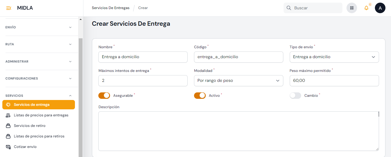 Ingresar información del servicio Ingresar información del servicio