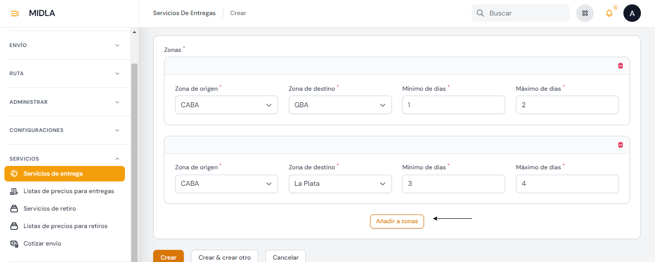Ingresar Zonas donde se ofrecerá el servicio Ingresar Zonas donde se ofrecerá el servicio